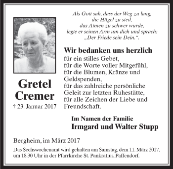 Anzeige von Gretel Cremer von  Werbepost 