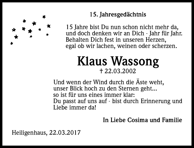  Traueranzeige für Klaus Wassong vom 25.03.2017 aus Kölner Stadt-Anzeiger / Kölnische Rundschau / Express