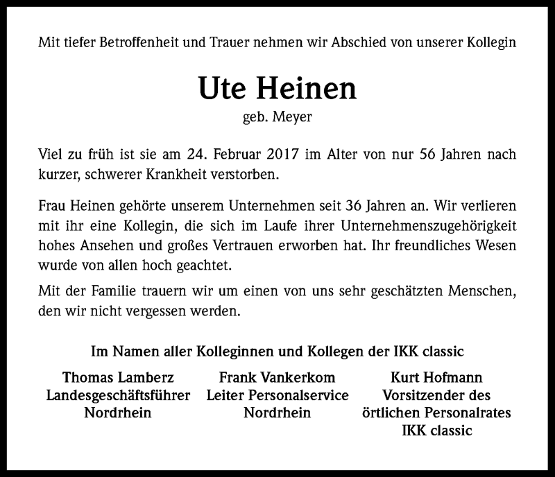  Traueranzeige für Ute Heinen vom 16.03.2017 aus Kölner Stadt-Anzeiger / Kölnische Rundschau / Express