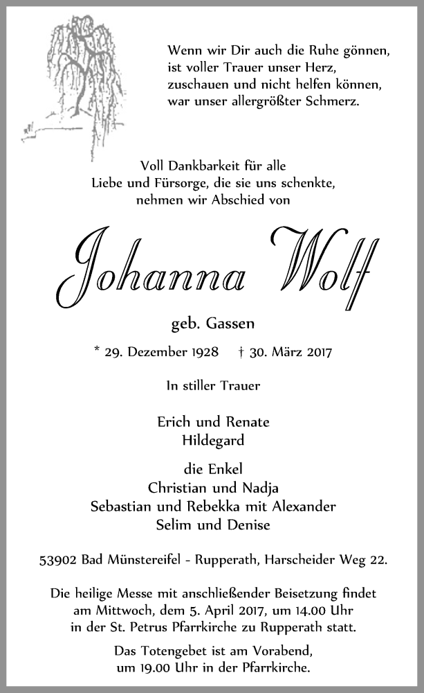 Traueranzeige für Johanna Wolf vom 01.04.2017 aus  Blickpunkt Euskirchen 