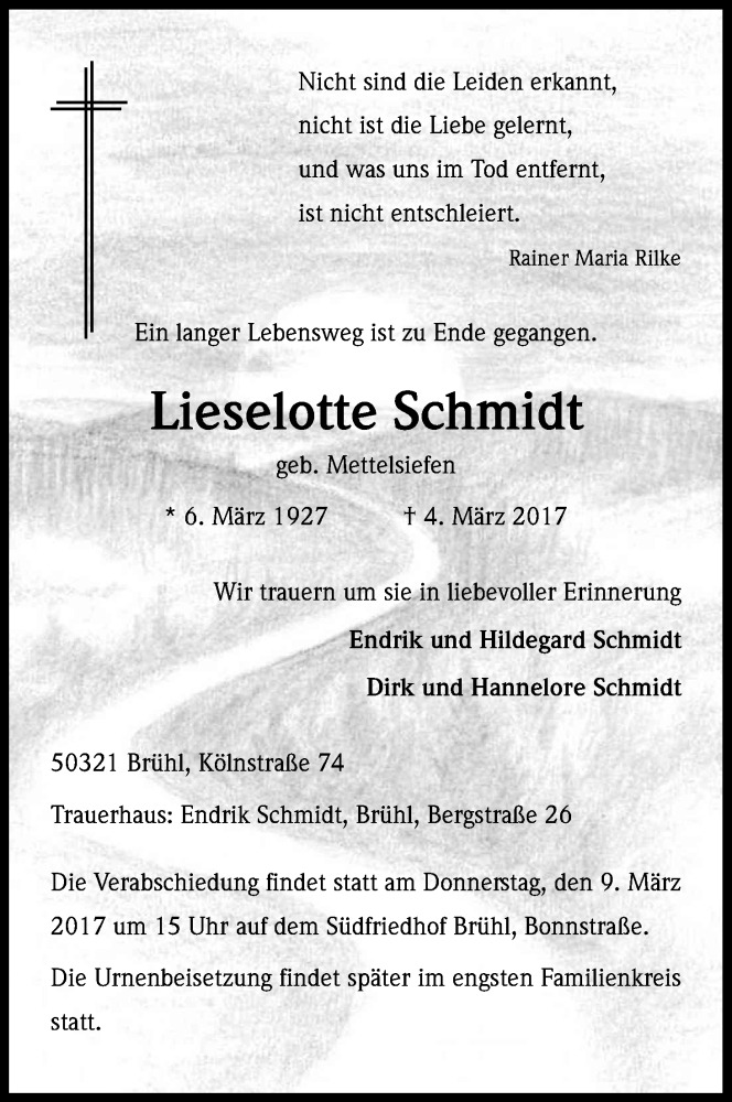  Traueranzeige für Lieselotte Schmidt vom 08.03.2017 aus Kölner Stadt-Anzeiger / Kölnische Rundschau / Express