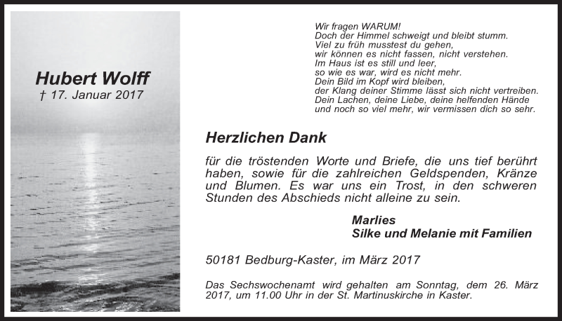  Traueranzeige für Hubert Wolff vom 22.03.2017 aus  Werbepost 