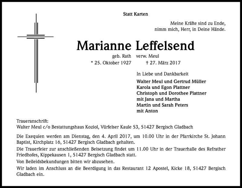  Traueranzeige für Marianne Leffelsend vom 31.03.2017 aus Kölner Stadt-Anzeiger / Kölnische Rundschau / Express