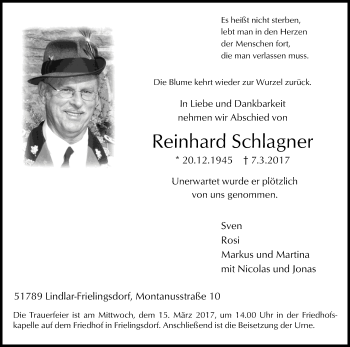 Anzeige von Reinhardt Schlagner von Kölner Stadt-Anzeiger / Kölnische Rundschau / Express
