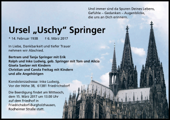 Anzeige von Ursel Springer von Kölner Stadt-Anzeiger / Kölnische Rundschau / Express