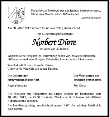 Anzeige von Norbert Dürre von Kölner Stadt-Anzeiger / Kölnische Rundschau / Express