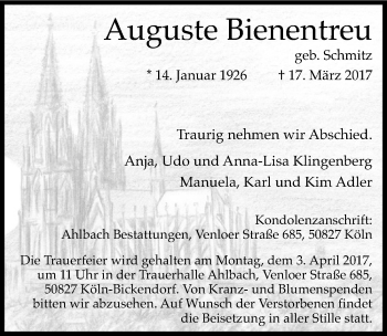 Anzeige von Auguste Bienentreu von  Kölner Wochenspiegel 