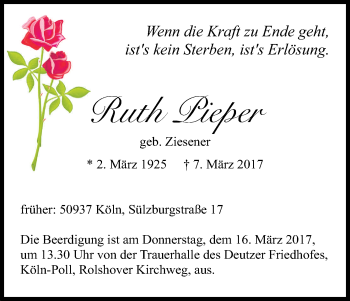 Anzeige von Ruth Pieper von Kölner Stadt-Anzeiger / Kölnische Rundschau / Express