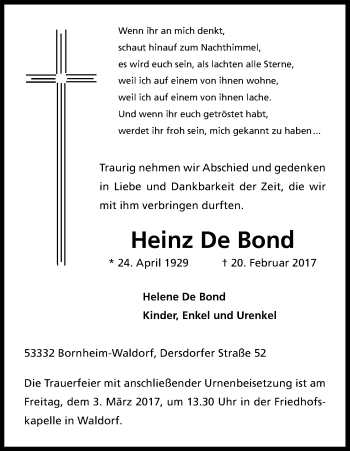 Anzeige von Heinz De Bond von Kölner Stadt-Anzeiger / Kölnische Rundschau / Express