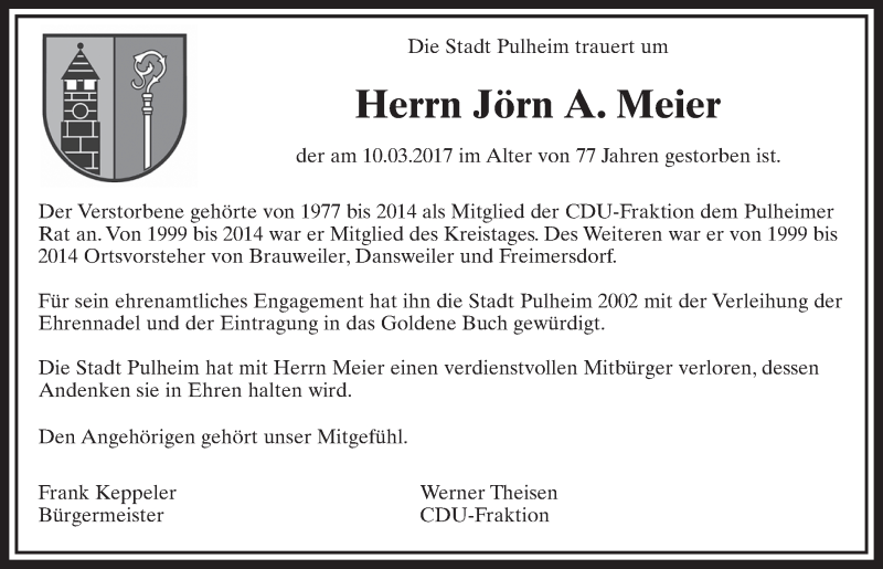  Traueranzeige für Jörn A. Meier vom 18.03.2017 aus  Sonntags-Post 