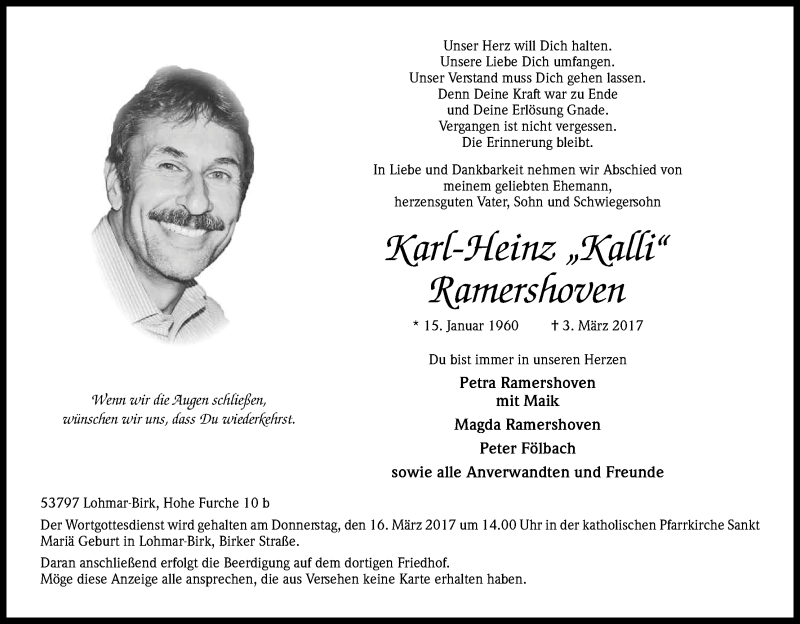 Traueranzeige für Karl-Heinz Ramershoven vom 11.03.2017 aus Kölner Stadt-Anzeiger / Kölnische Rundschau / Express