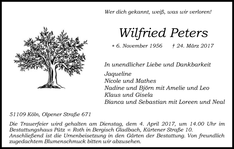  Traueranzeige für Wilfried Peters vom 30.03.2017 aus Kölner Stadt-Anzeiger / Kölnische Rundschau / Express
