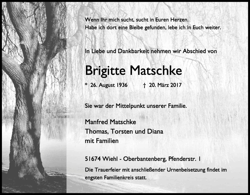 Traueranzeige für Brigitte Matschke vom 25.03.2017 aus Kölner Stadt-Anzeiger / Kölnische Rundschau / Express