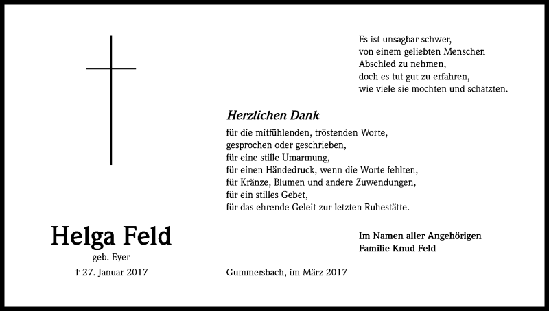  Traueranzeige für Helga Feld vom 18.03.2017 aus Kölner Stadt-Anzeiger / Kölnische Rundschau / Express
