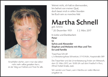 Anzeige von Martha Schnell von  Kölner Wochenspiegel 
