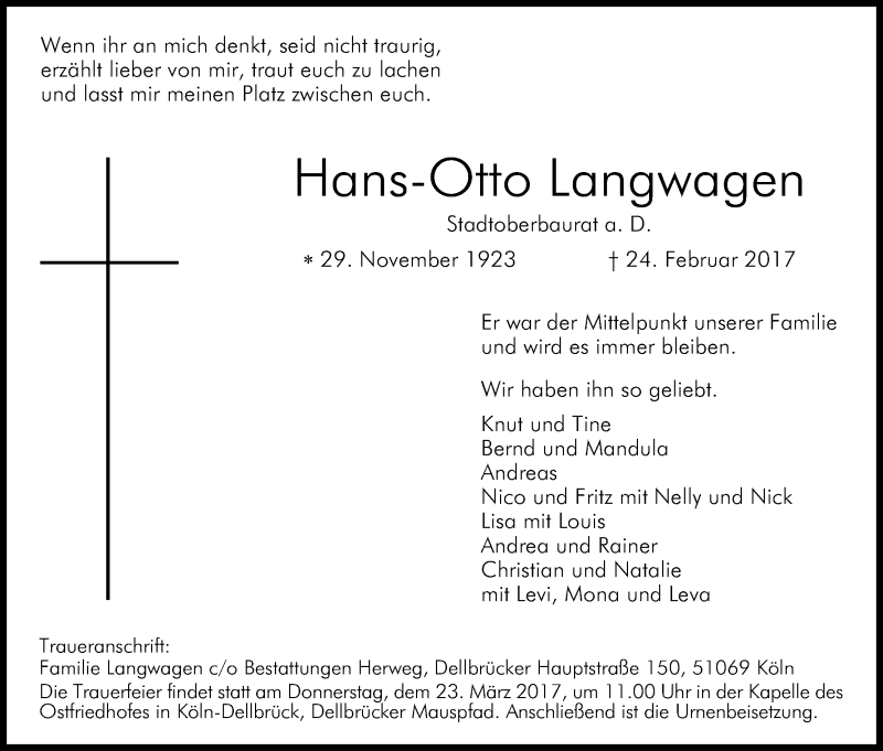  Traueranzeige für Hans-Otto Langwagen vom 04.03.2017 aus Kölner Stadt-Anzeiger / Kölnische Rundschau / Express