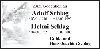 Anzeige von Helmi Schlag von  Wochenende 