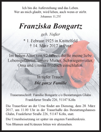 Anzeige von Franziska Bongartz von  Kölner Wochenspiegel 