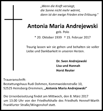 Anzeige von Antonia Maria Andrejewski von Kölner Stadt-Anzeiger / Kölnische Rundschau / Express