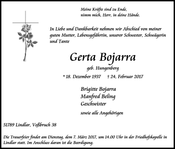 Anzeige von Gerta Bojarra von Kölner Stadt-Anzeiger / Kölnische Rundschau / Express