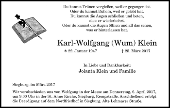 Anzeige von Karl-Wolfgang Klein von Kölner Stadt-Anzeiger / Kölnische Rundschau / Express