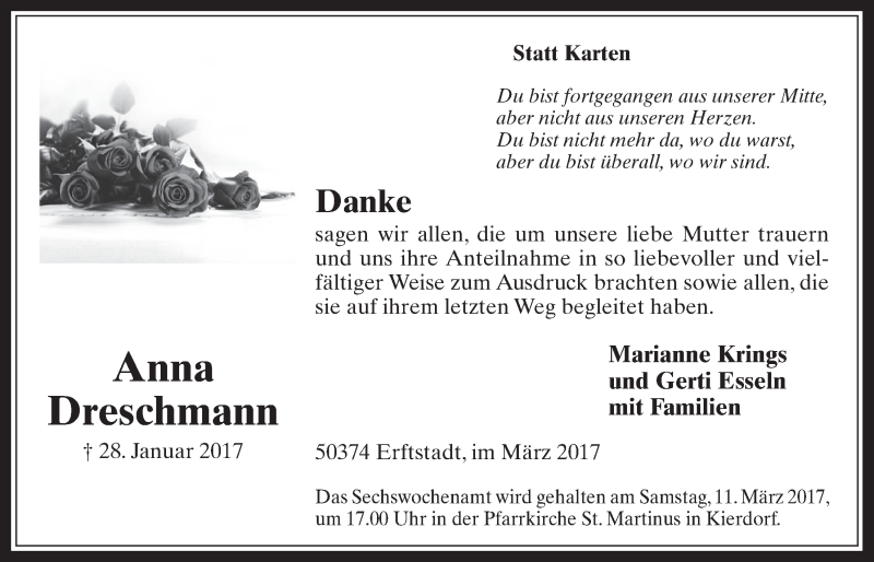  Traueranzeige für Anna Dreschmann vom 08.03.2017 aus  Werbepost 