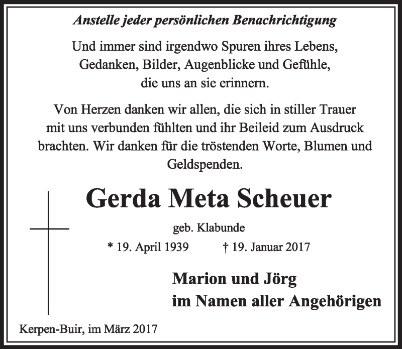  Traueranzeige für Gerda Meta Scheuer vom 18.03.2017 aus  Sonntags-Post 