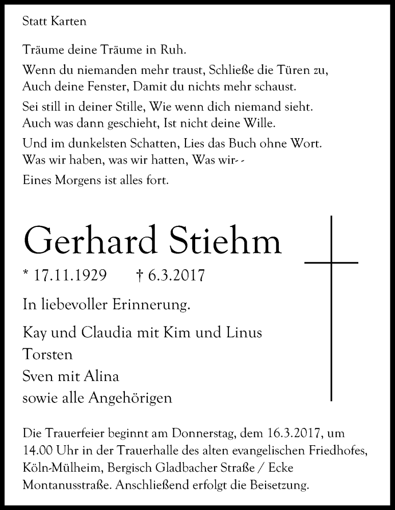  Traueranzeige für Gerhard Stiehm vom 11.03.2017 aus Kölner Stadt-Anzeiger / Kölnische Rundschau / Express