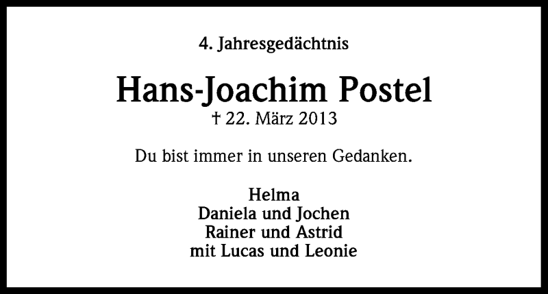  Traueranzeige für Hans-Joachim Postel vom 25.03.2017 aus Kölner Stadt-Anzeiger / Kölnische Rundschau / Express