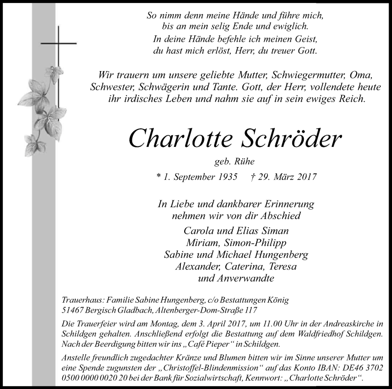  Traueranzeige für Charlotte Schröder vom 31.03.2017 aus Kölner Stadt-Anzeiger / Kölnische Rundschau / Express