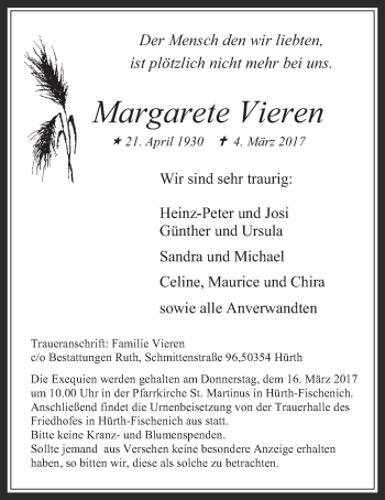 Anzeige von Margarete Vieren von  Wochenende  Schlossbote/Werbekurier 