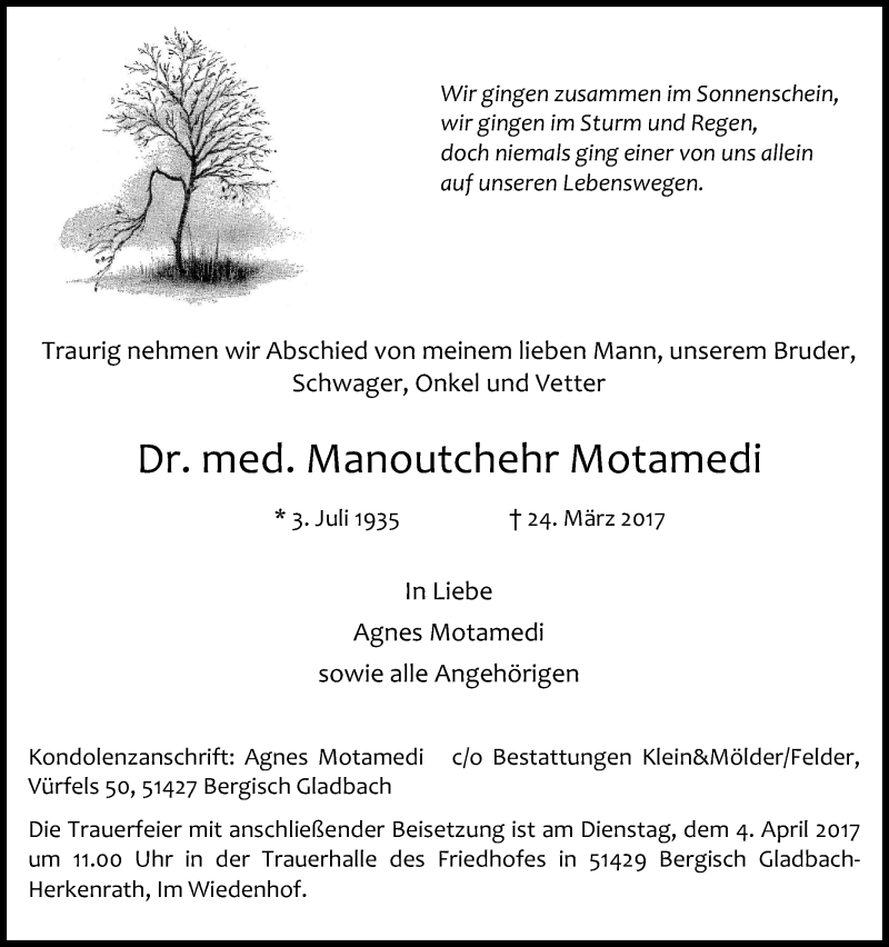  Traueranzeige für Manoutchehr Motamedi vom 30.03.2017 aus Kölner Stadt-Anzeiger / Kölnische Rundschau / Express