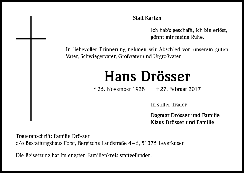  Traueranzeige für Hans Drösser vom 25.03.2017 aus Kölner Stadt-Anzeiger / Kölnische Rundschau / Express