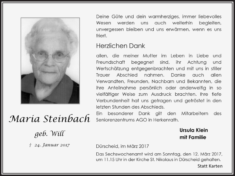  Traueranzeige für Maria Steinbach vom 08.03.2017 aus  Bergisches Handelsblatt 