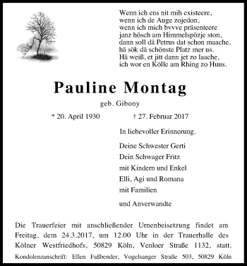 Anzeige von Pauline Montag von Kölner Stadt-Anzeiger / Kölnische Rundschau / Express
