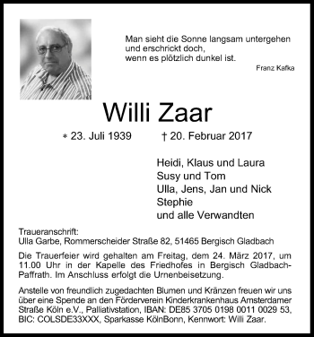 Anzeige von Willi Zaar von Kölner Stadt-Anzeiger / Kölnische Rundschau / Express