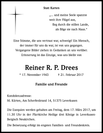 Anzeige von Reiner R. P. Drees von Kölner Stadt-Anzeiger / Kölnische Rundschau / Express