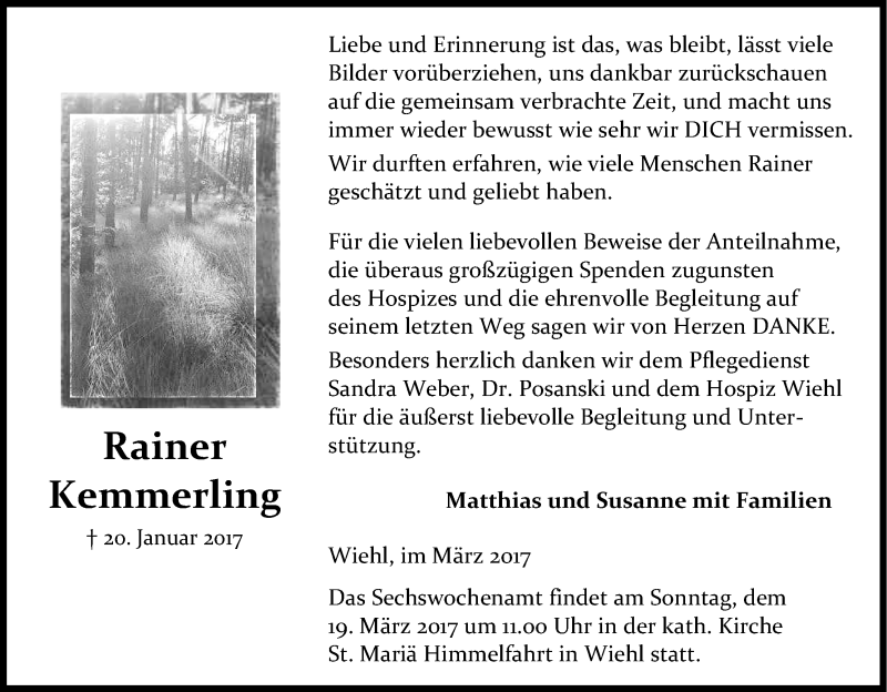  Traueranzeige für Rainer Kemmerling vom 15.03.2017 aus Kölner Stadt-Anzeiger / Kölnische Rundschau / Express