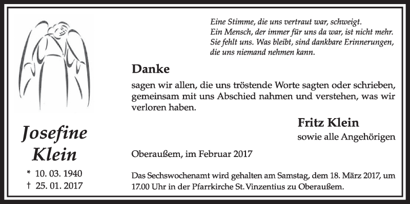  Traueranzeige für Josefine Klein vom 04.03.2017 aus  Sonntags-Post 