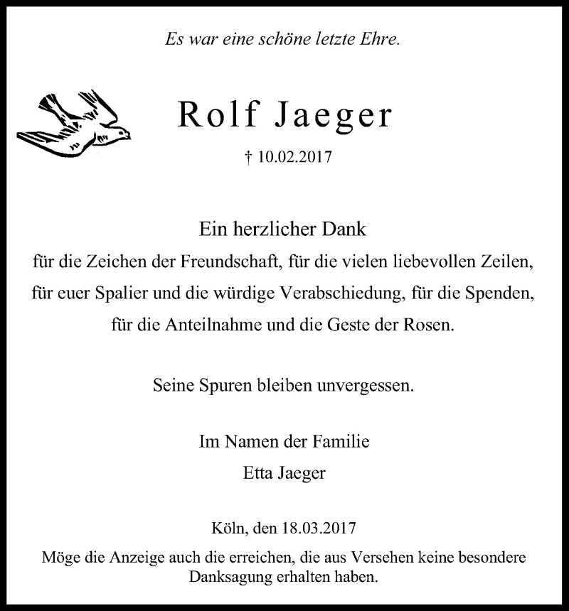  Traueranzeige für Rolf Jaeger vom 18.03.2017 aus Kölner Stadt-Anzeiger / Kölnische Rundschau / Express