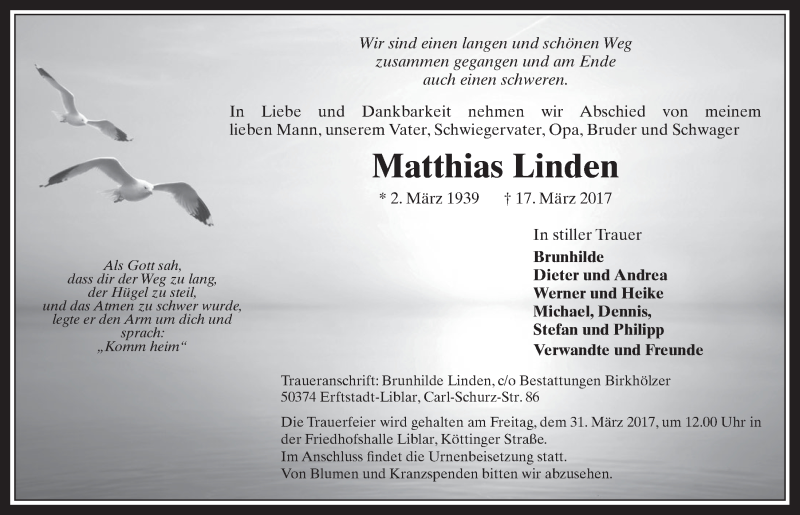  Traueranzeige für Matthias Linden vom 29.03.2017 aus  Werbepost 