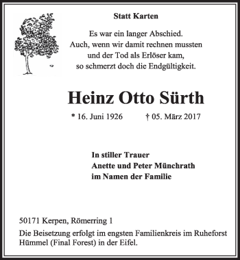 Anzeige von Heinz Otto Sürth von  Sonntags-Post 