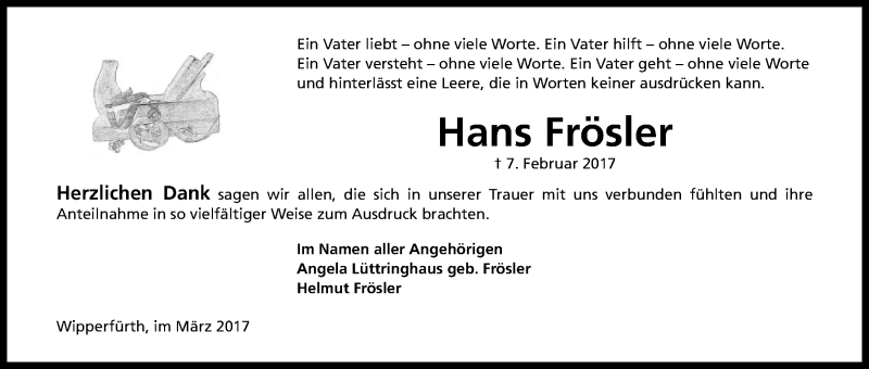  Traueranzeige für Hans Frösler vom 25.03.2017 aus Kölner Stadt-Anzeiger / Kölnische Rundschau / Express