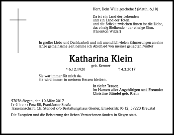 Anzeige von Katharina Klein von Kölner Stadt-Anzeiger / Kölnische Rundschau / Express
