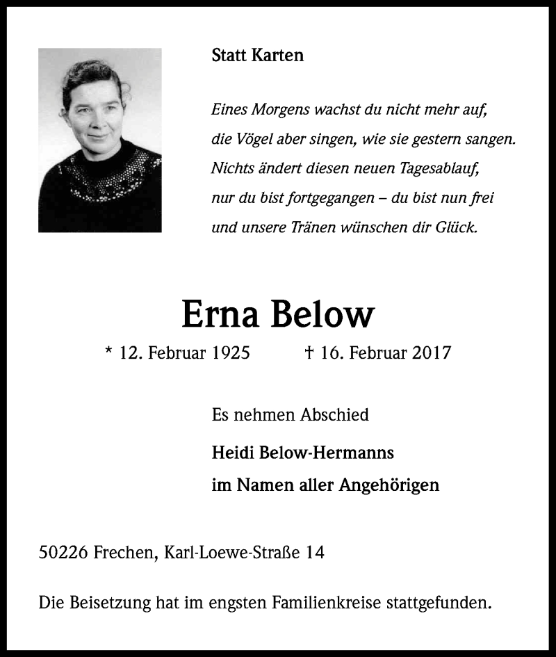  Traueranzeige für Erna Below vom 04.03.2017 aus Kölner Stadt-Anzeiger / Kölnische Rundschau / Express