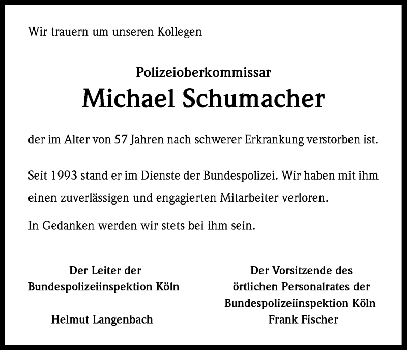  Traueranzeige für Michael Schumacher vom 18.03.2017 aus Kölner Stadt-Anzeiger / Kölnische Rundschau / Express