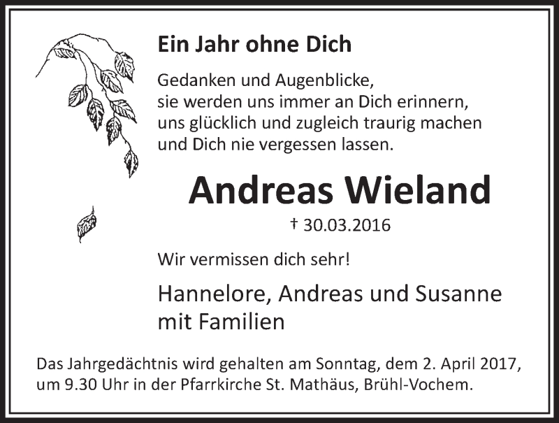  Traueranzeige für Andreas Wieland vom 29.03.2017 aus  Schlossbote/Werbekurier 