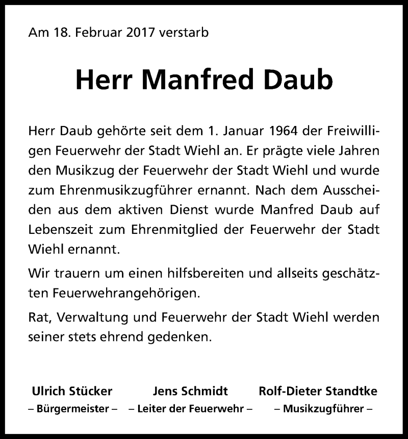  Traueranzeige für Manfred Daub vom 06.03.2017 aus Kölner Stadt-Anzeiger / Kölnische Rundschau / Express