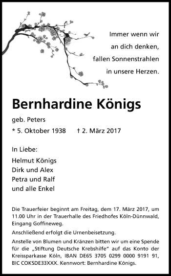 Anzeige von Bernhardine Königs von Kölner Stadt-Anzeiger / Kölnische Rundschau / Express