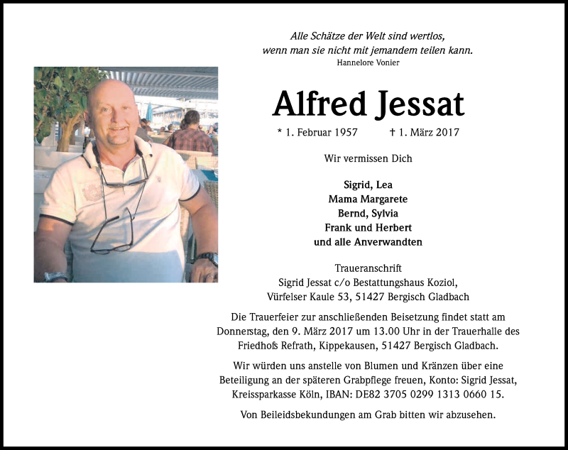  Traueranzeige für Alfred Jessat vom 07.03.2017 aus Kölner Stadt-Anzeiger / Kölnische Rundschau / Express